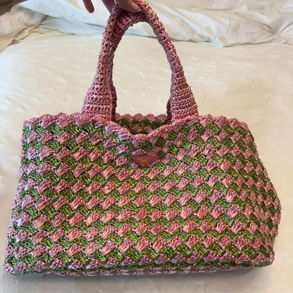 PRADA Pink & Green Woven Beach Bag - Picture 2 of 11